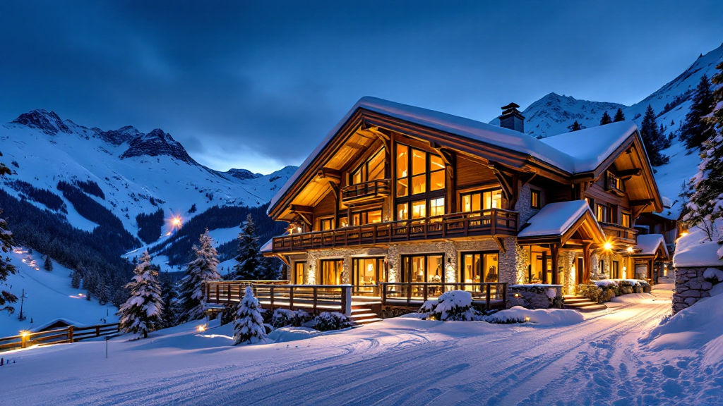 A luxury timber-and-stone chalet in Courchevel 1850 with warm lights glowing against a snowy Alpine backdrop at dusk