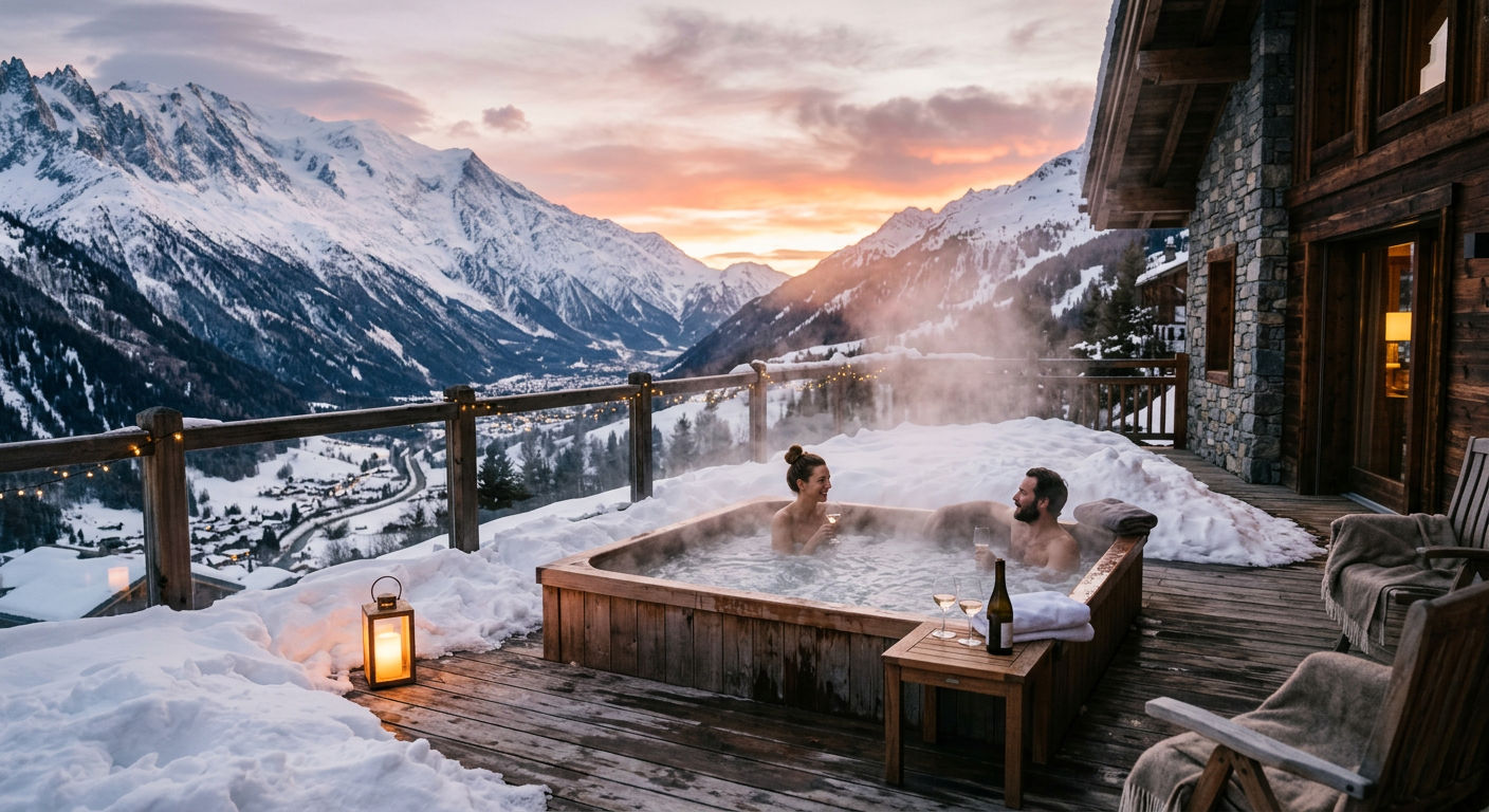A private outdoor hot tub on a wooden chalet deck at sunset with steam rising into cold mountain air and snow-covered Alps in the background