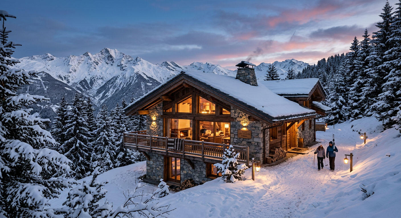 A luxury timber chalet in Méribel surrounded by snow-covered pines with mountain views at dusk