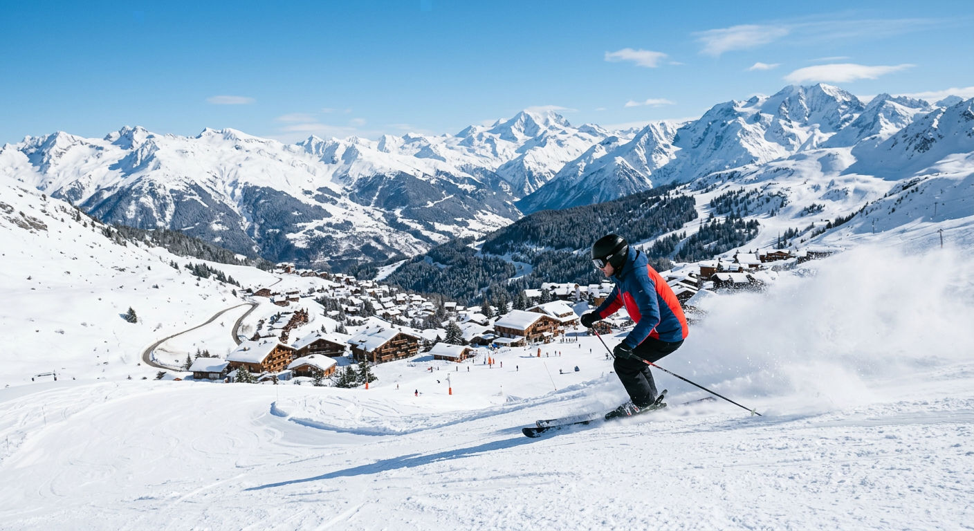 A skier carving through powder on a wide piste in the Three Valleys with the Méribel valley and traditional chalet rooftops visible below