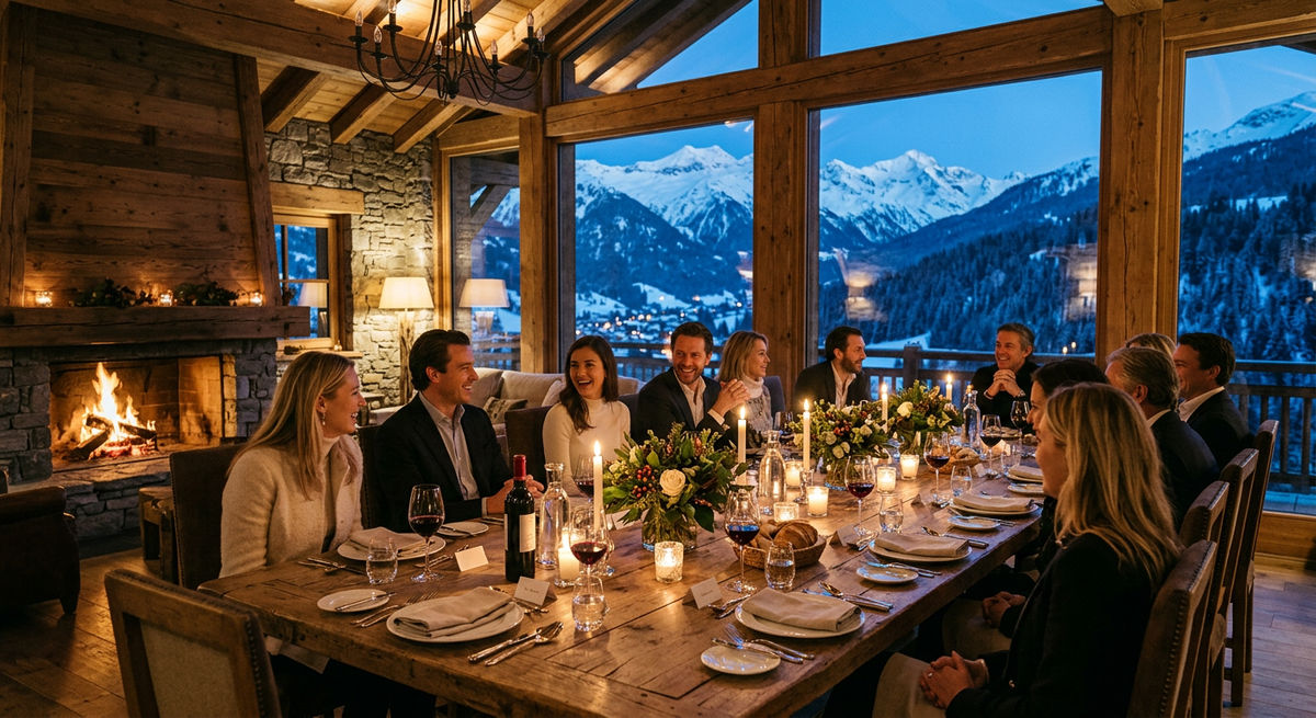 Elegant catered dinner in a luxury Alpine chalet with long wooden table set for a group