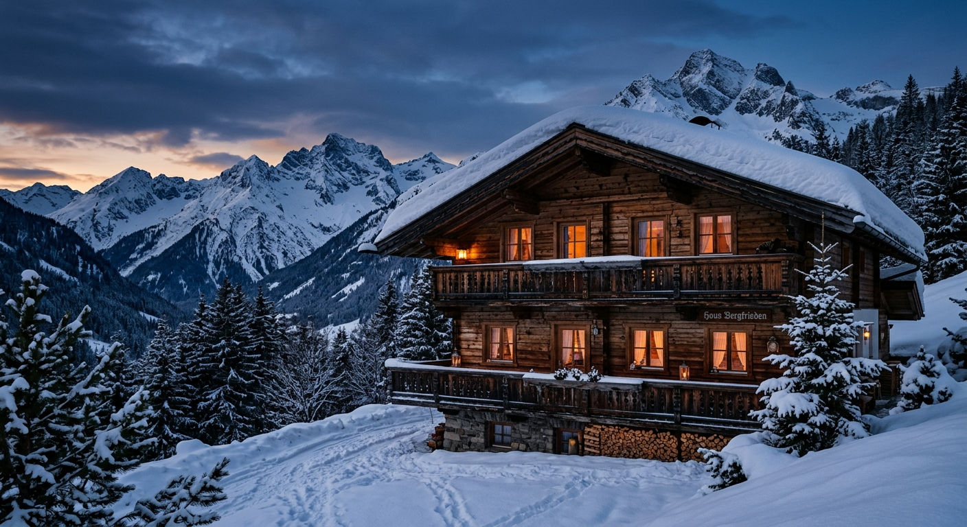 A traditional Tyrolean chalet in St. Anton with snow-covered balconies and warm light glowing against the Arlberg mountains at dusk