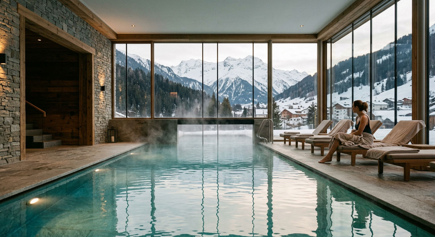 Indoor heated pool in a luxury alpine spa with floor-to-ceiling windows showing snow-covered mountains