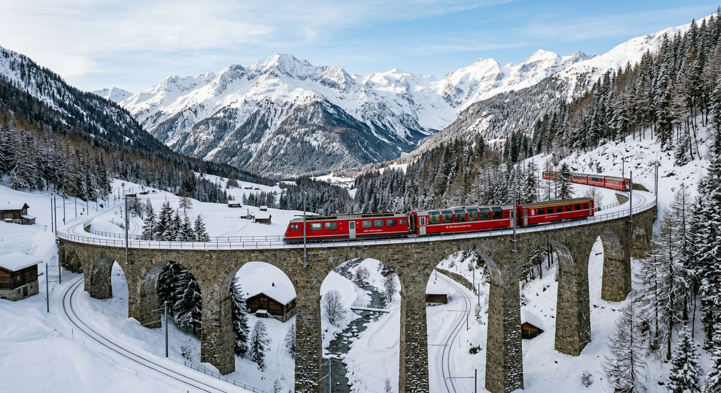 The Bernina Express red train crossing a stone viaduct in the snow-covered Engadin valley near St. Moritz
