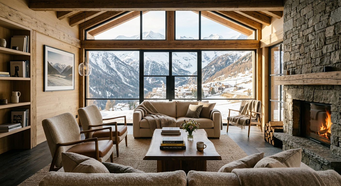 Interior of a luxury Engadin chalet living room with mountain views and contemporary alpine design