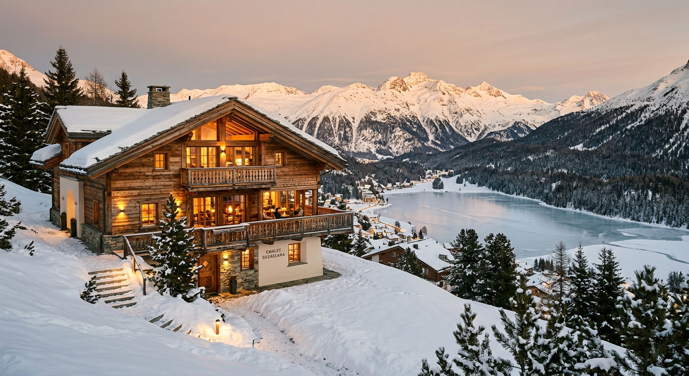 A luxury chalet in St. Moritz overlooking the frozen lake and Engadin valley with snow-covered peaks in the background