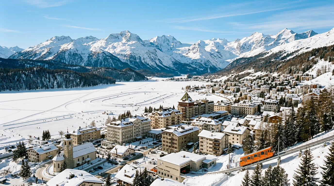 Panoramic view of St. Moritz Dorf village in winter with the frozen lake and Bernina mountain range