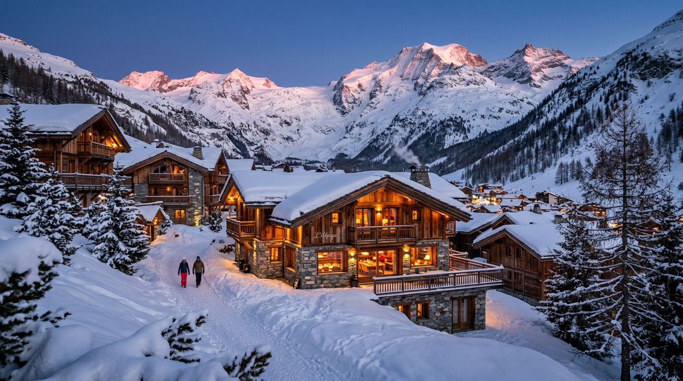 Snow-covered luxury chalets in Tignes Le Lac with the Grande Motte glacier visible in the background
