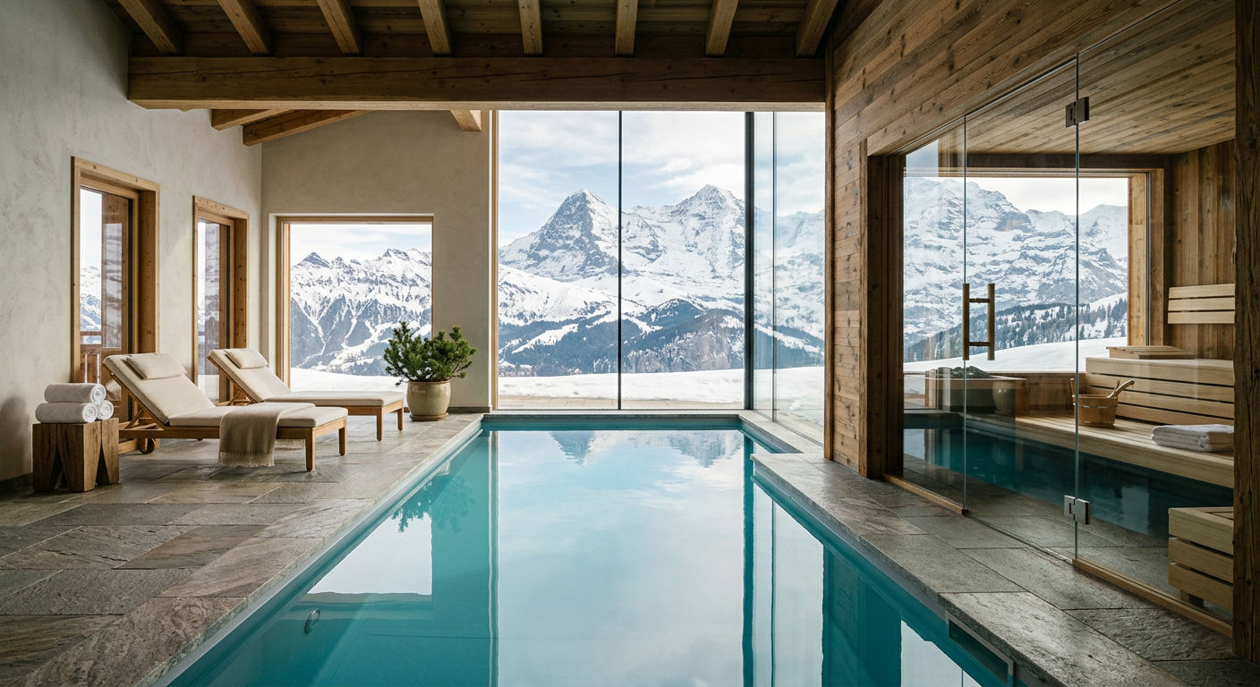 Indoor pool and sauna inside a luxury Val d'Isère chalet spa, with floor-to-ceiling windows overlooking snow-covered Alpine peaks