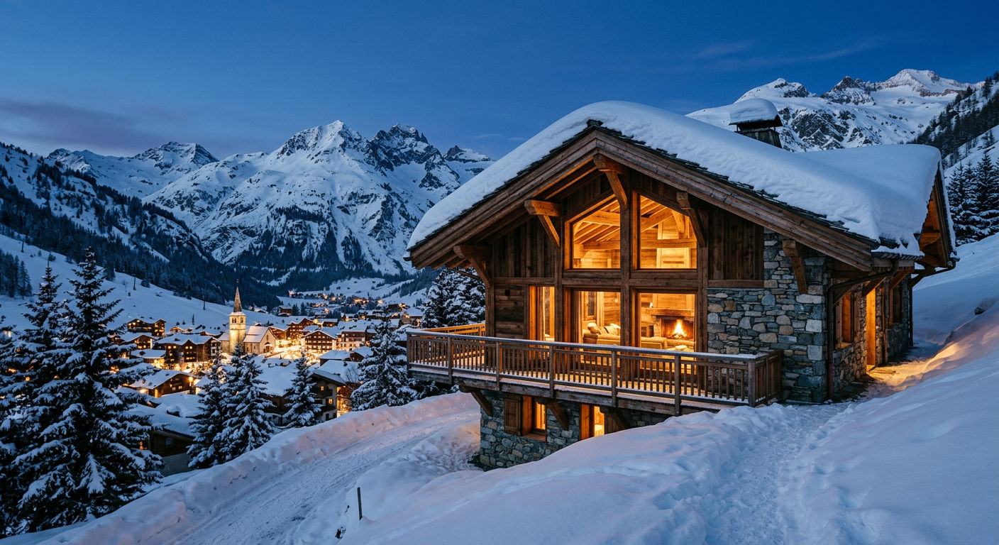 A luxury timber-and-stone chalet in Val d'Isère with warm interior lighting against a snowy Alpine backdrop at dusk