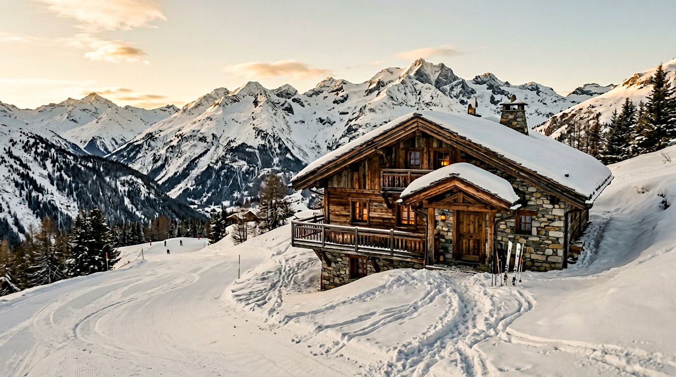 A traditional stone-and-timber chalet positioned directly beside a groomed ski piste in Val d'Isère, with skier tracks leading to the door in afternoon golden light