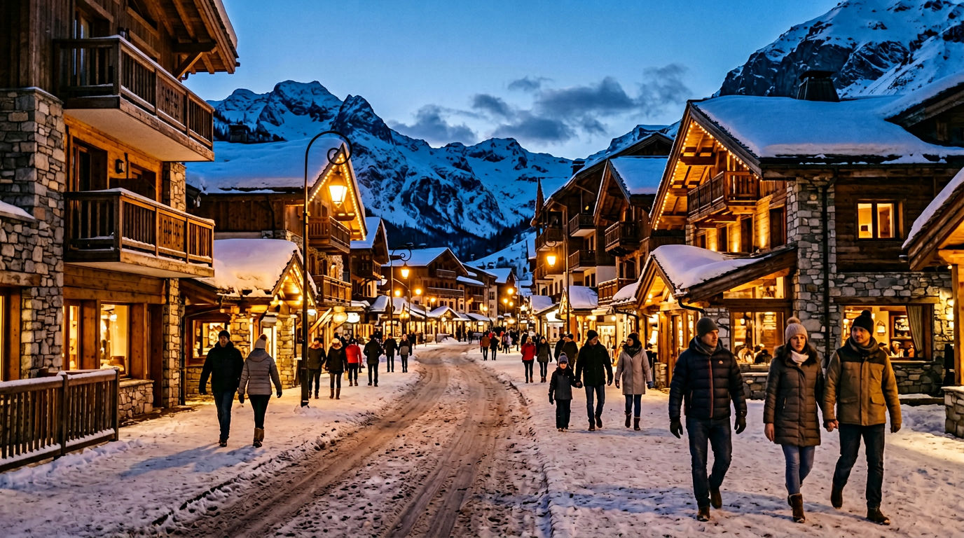 Avenue Olympique in Val d'Isère at twilight, with stone-and-timber chalets and glowing restaurant windows along a snow-covered street