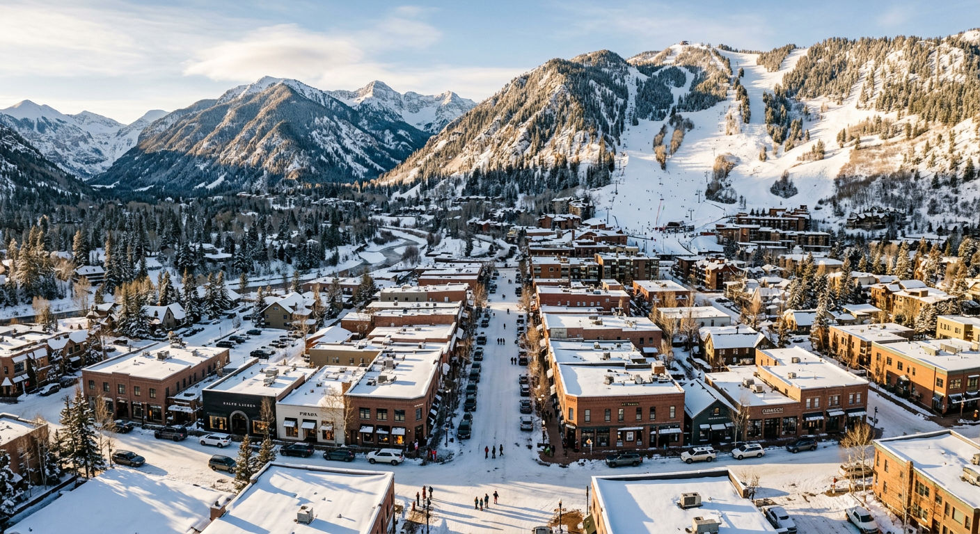 Aspen town centre with snow-dusted streets and mountain backdrop