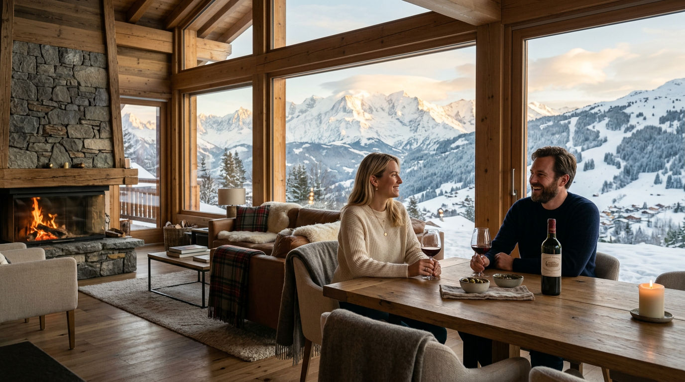 Refined chalet interior with timber beams, designer furnishings, and mountain views