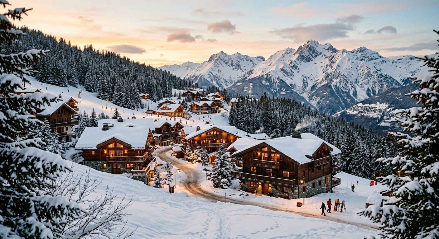 Luxury ski destination village at dusk with illuminated chalets and mountain backdrop