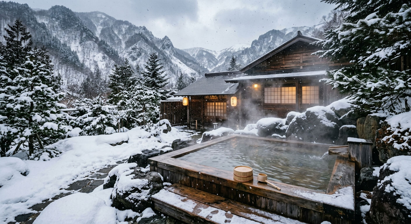 Traditional Japanese onsen with mountain views at a luxury ski resort