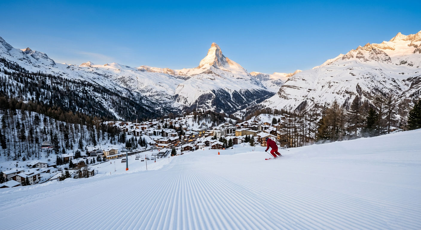 Pristine ski slopes in the Swiss Alps with dramatic mountain scenery
