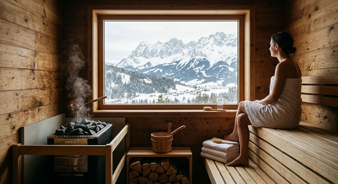 Interior of a luxury Austrian chalet private sauna with warm wood panelling and a view to snow-covered Alpine peaks