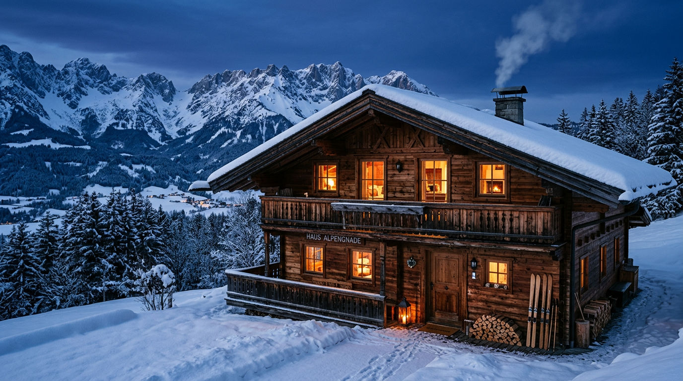 Traditional Austrian chalet with timber balconies and warm light against snow-covered Tyrolean peaks at dusk