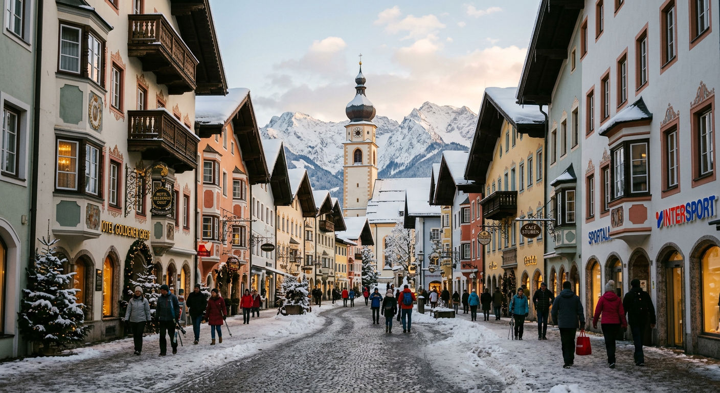 The medieval town centre of Kitzbühel with colourful painted facades along a cobblestone street dusted with snow