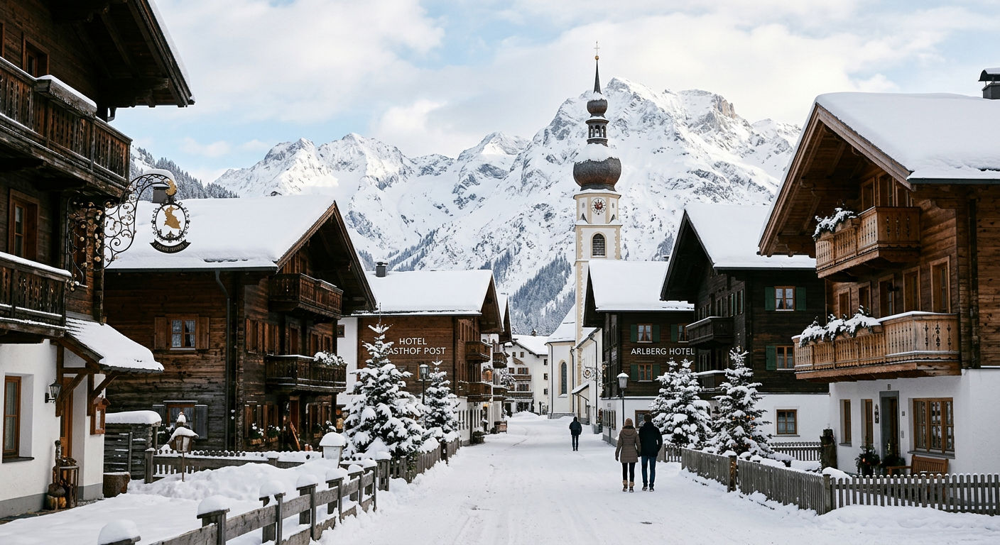 The refined village of Lech am Arlberg with snow-covered traditional Austrian buildings along a quiet winter street