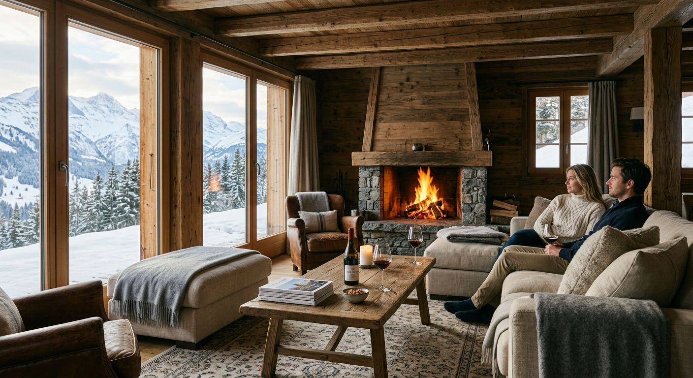 Luxury chalet interior with floor-to-ceiling windows, fireplace, and mountain views