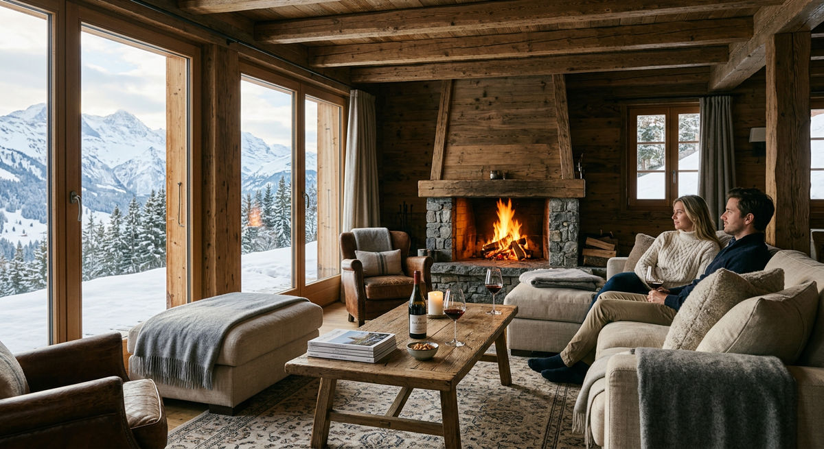 Luxury chalet interior with floor-to-ceiling windows, fireplace, and mountain views