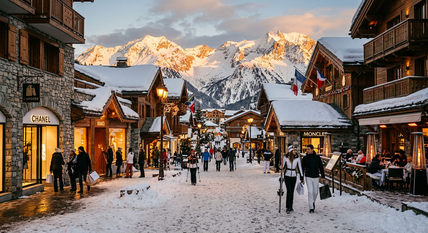 Snow-covered French Alps village with luxury boutiques and warm streetlights at golden hour