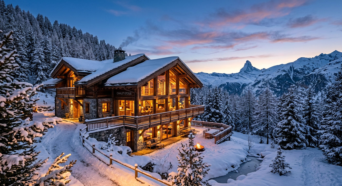 Snow-covered Alpine chalet with warm interior lighting at dusk against a mountain backdrop