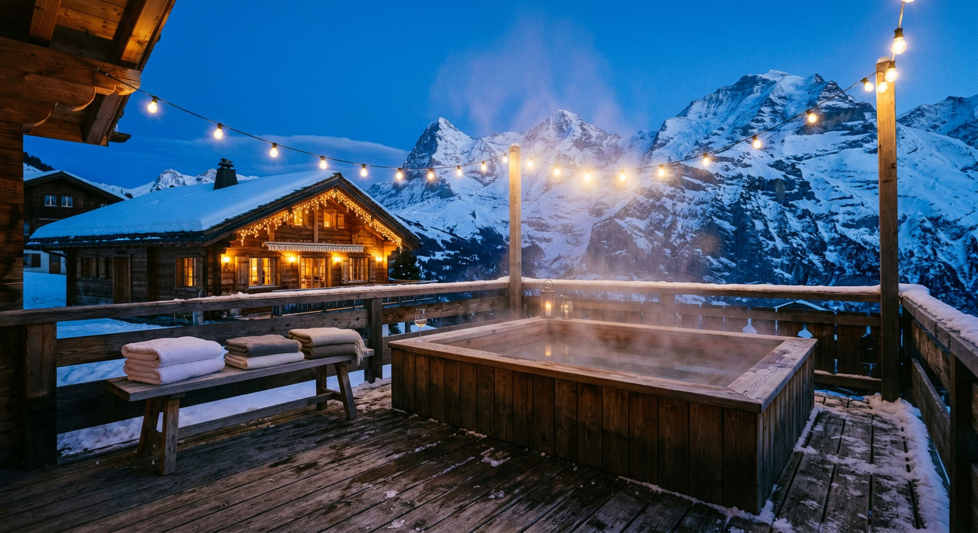 Private hot tub on an alpine chalet deck at twilight with steam rising and mountain peaks in background