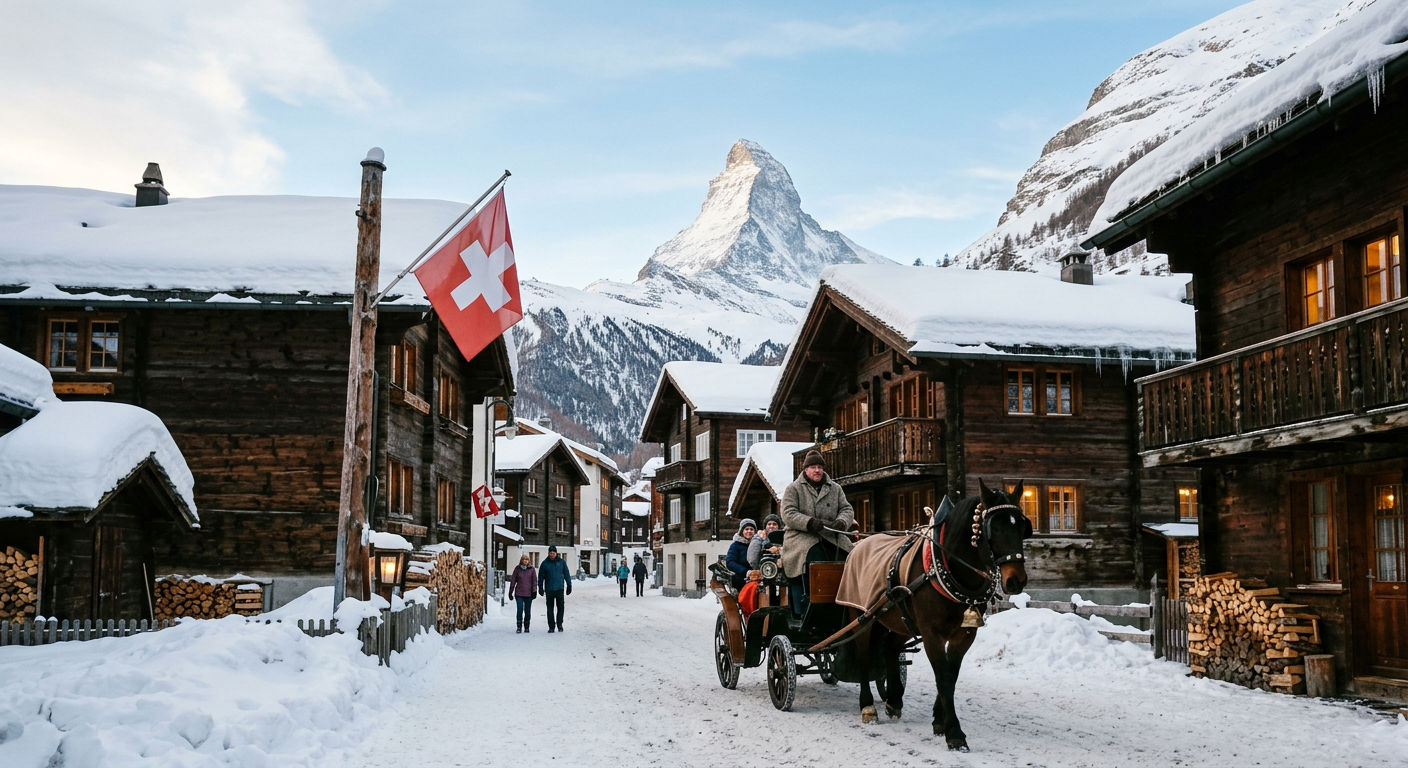 Zermatt village with the Matterhorn rising behind traditional wooden chalets in fresh morning snow