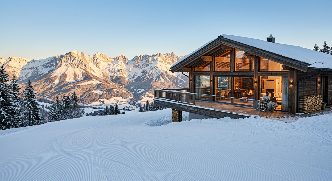 A luxury ski chalet at the base of a groomed piste with fresh snow and alpine panorama at dawn