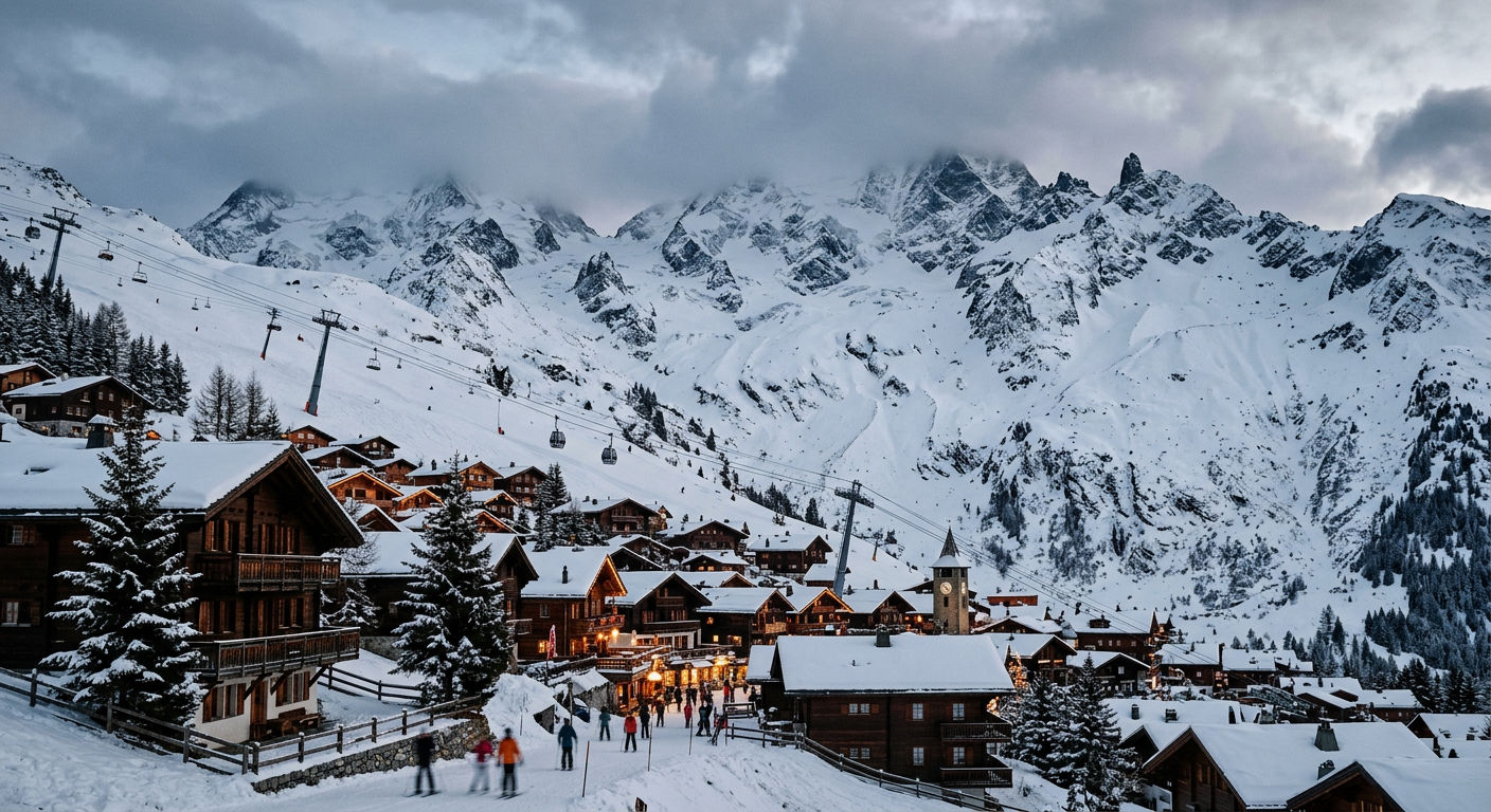 A dramatic Swiss alpine village at the base of steep snow-covered mountains with ski lifts ascending