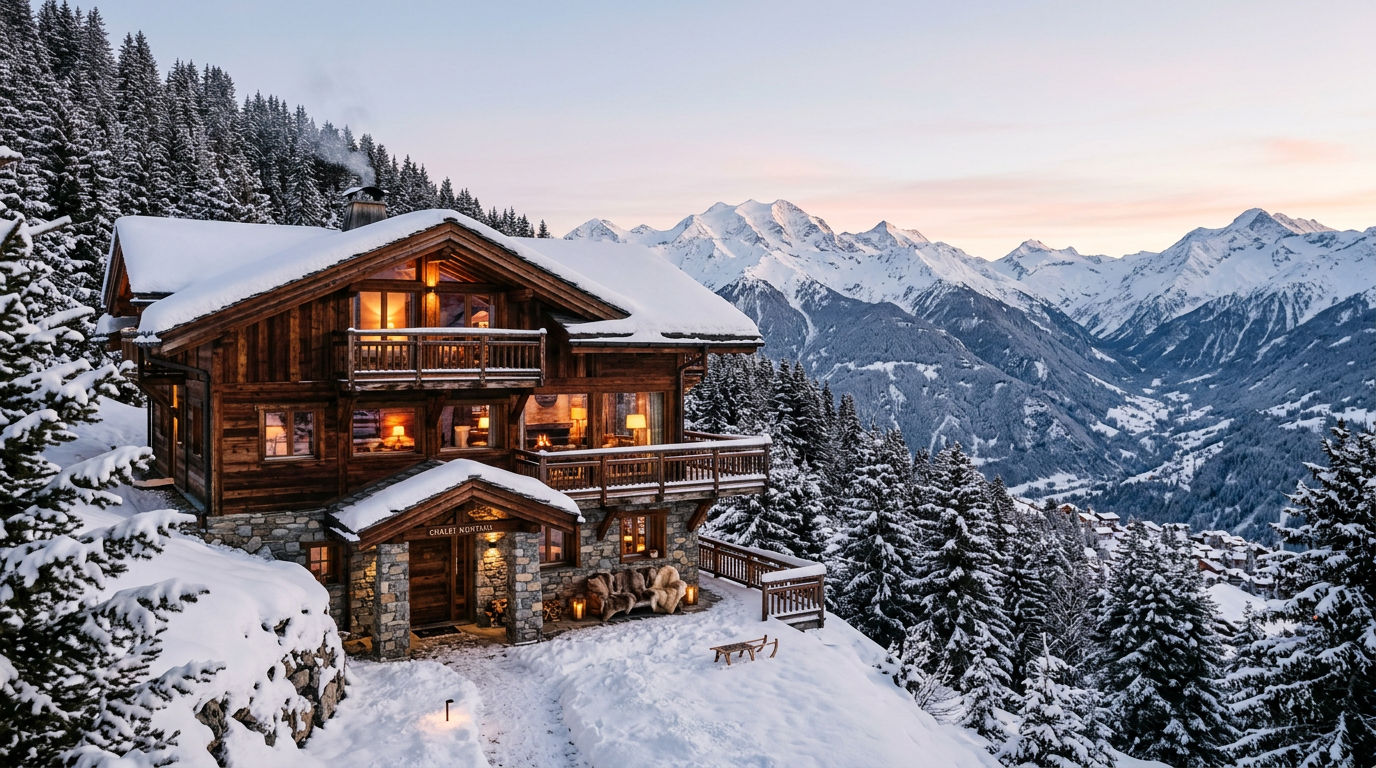 A Verbier chalet with panoramic Alps view and snow-covered balcony in winter morning light