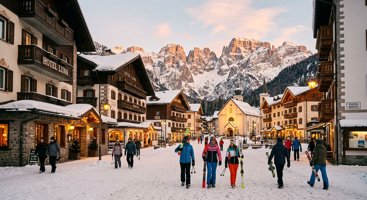 Snow-covered village of Madonna di Campiglio with the Brenta Dolomites rising behind traditional Italian hotels