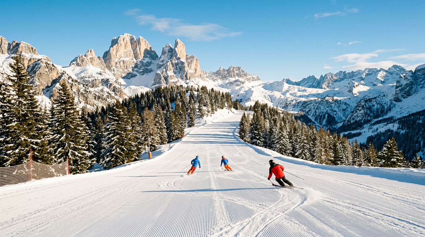 Groomed ski piste in the Brenta Dolomites with pale rock spires rising behind the slopes