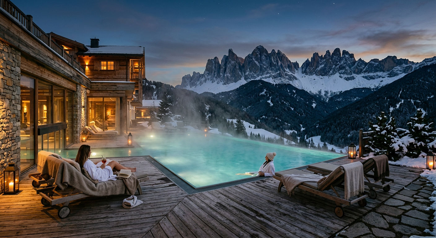 Heated outdoor infinity pool at a luxury hotel overlooking snow-covered Dolomite peaks at twilight