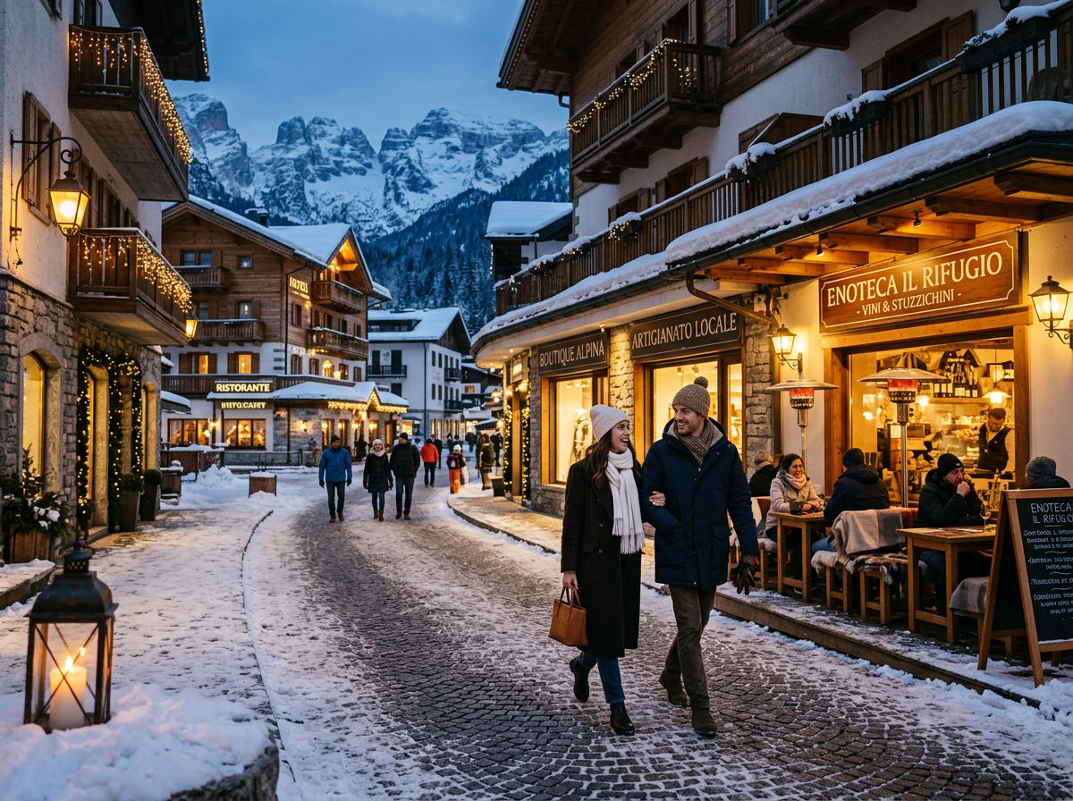Pedestrianised village street in Madonna di Campiglio on a winter evening with warm restaurant lights and fresh snow