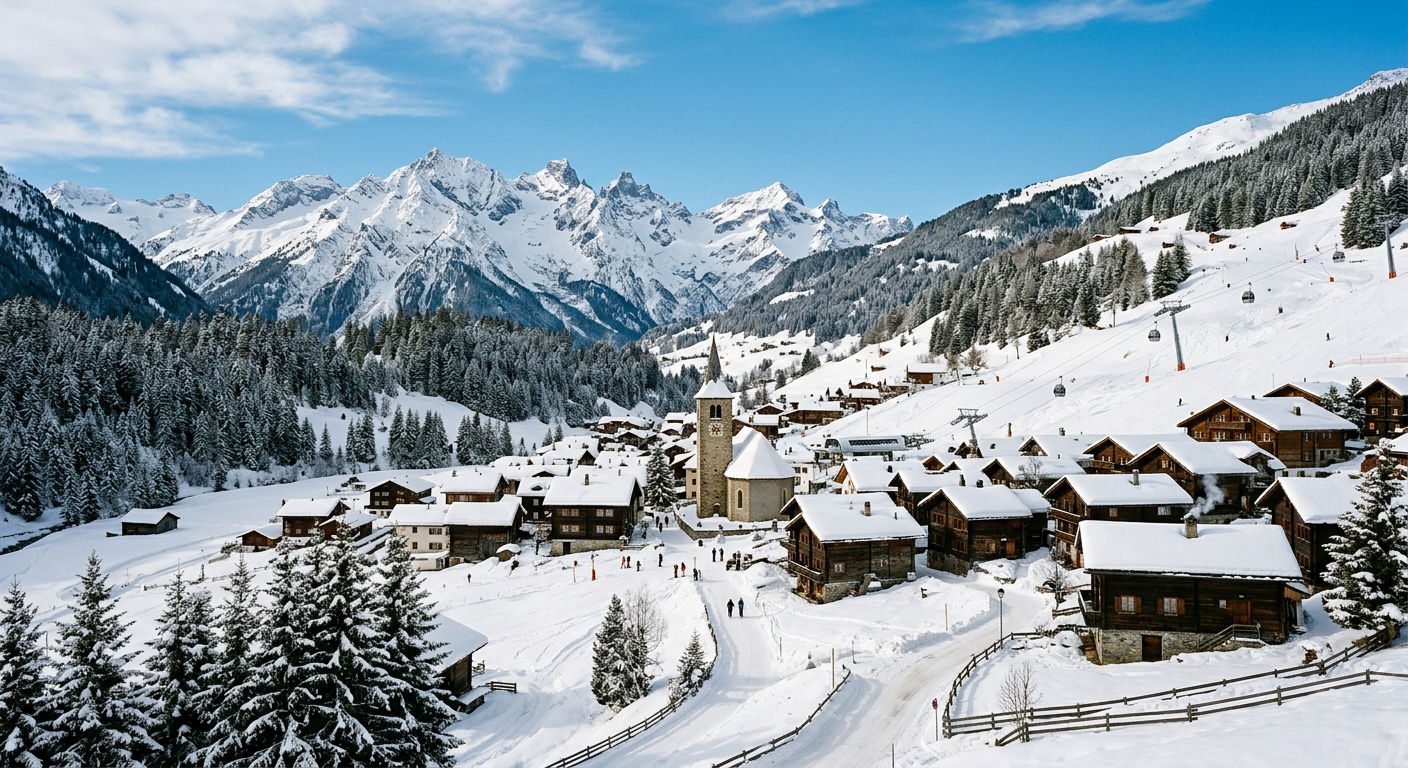 Wide view of a snow-covered Alpine valley with traditional chalets and mountain peaks under a winter sky