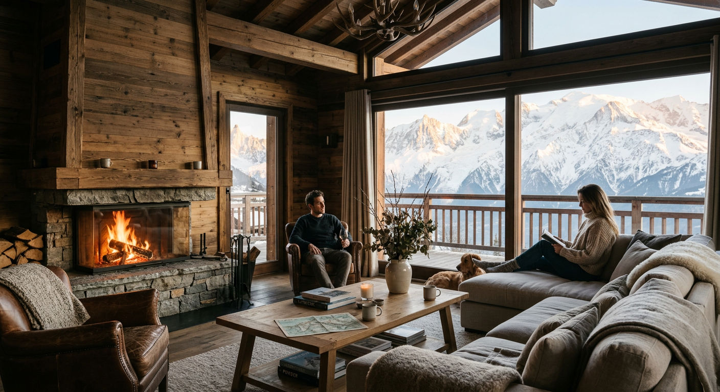Interior of a luxury alpine chalet with stone fireplace and floor-to-ceiling mountain views