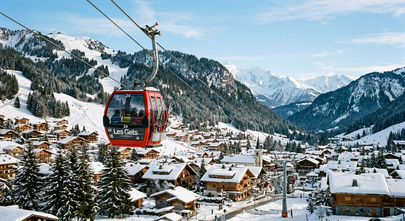 A ski gondola ascending above a snow-covered Alpine village with forested mountains behind