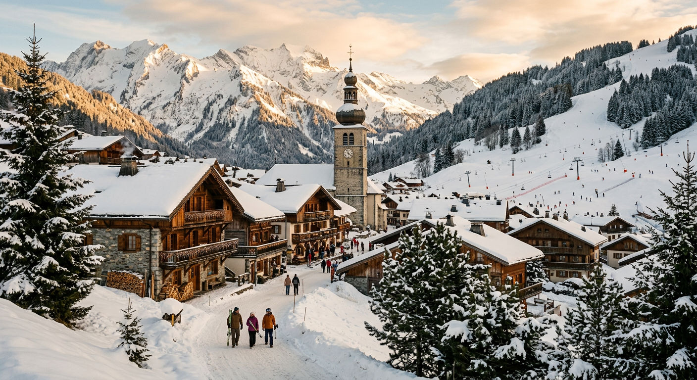 Traditional Savoyard chalets in Morzine village with snow-covered rooftops and the Pleney ski slopes rising behind