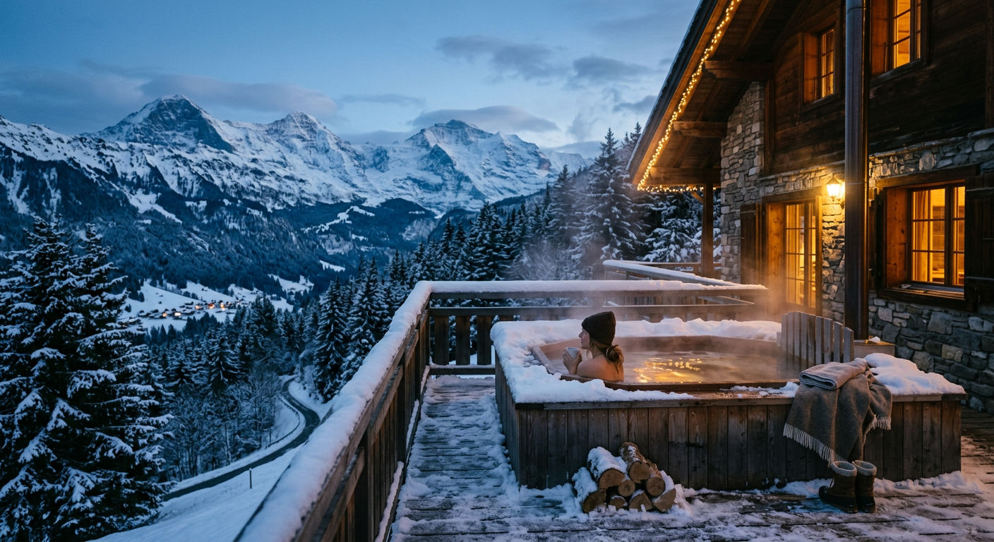 Outdoor hot tub on a chalet deck at dusk with steam rising and snow-covered mountains beyond