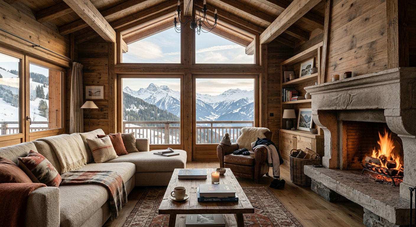 Interior of a refined Alpine chalet with warm wood panelling, stone fireplace, and mountain views through large windows