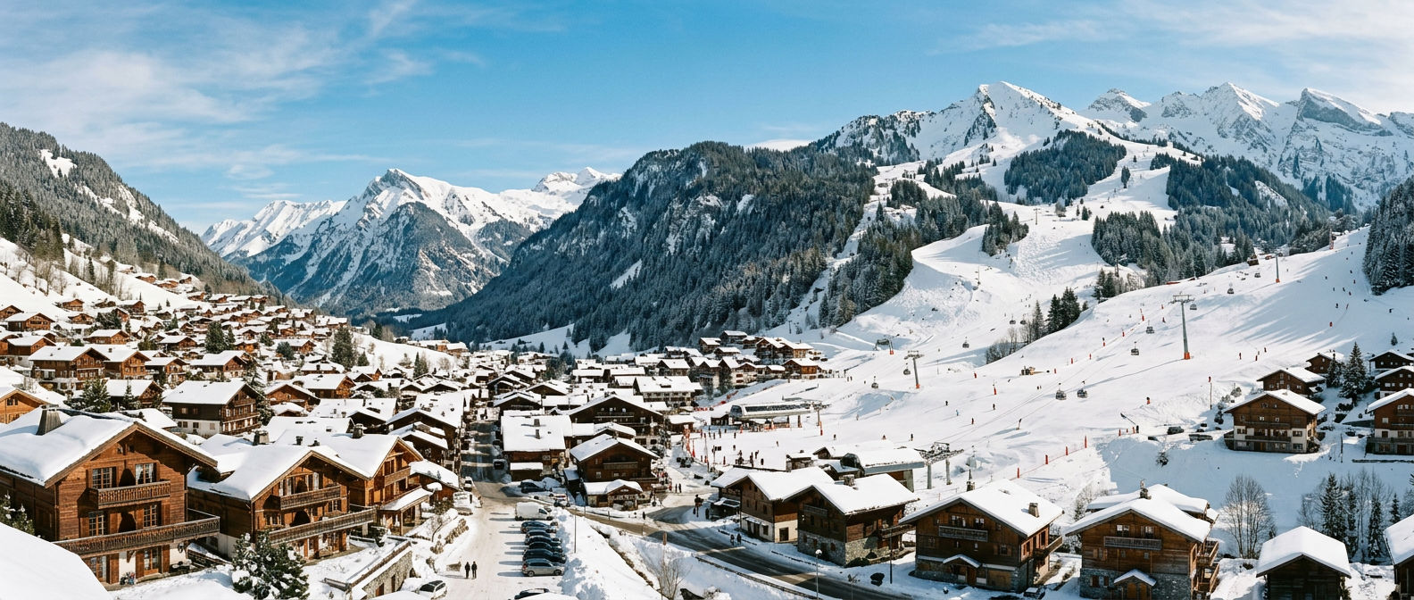 Snow-covered chalets in Morzine village with ski slopes visible on the mountainside above