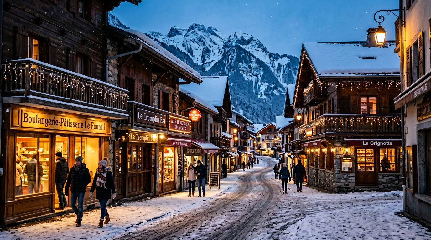The main street of Morzine village in winter with traditional stone and wood buildings and warm light from cafe windows