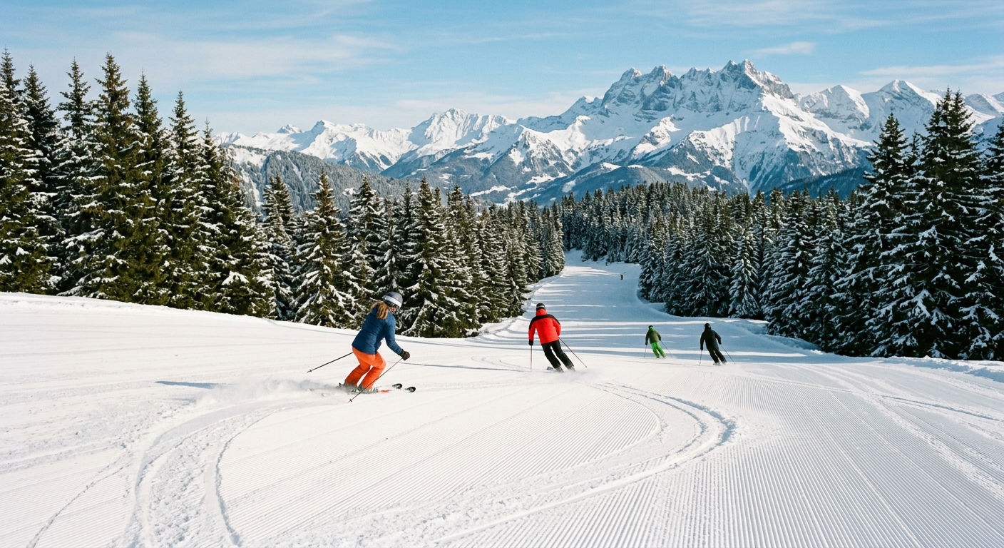 Skiers carving turns on a groomed piste through pine forest in the Portes du Soleil ski area