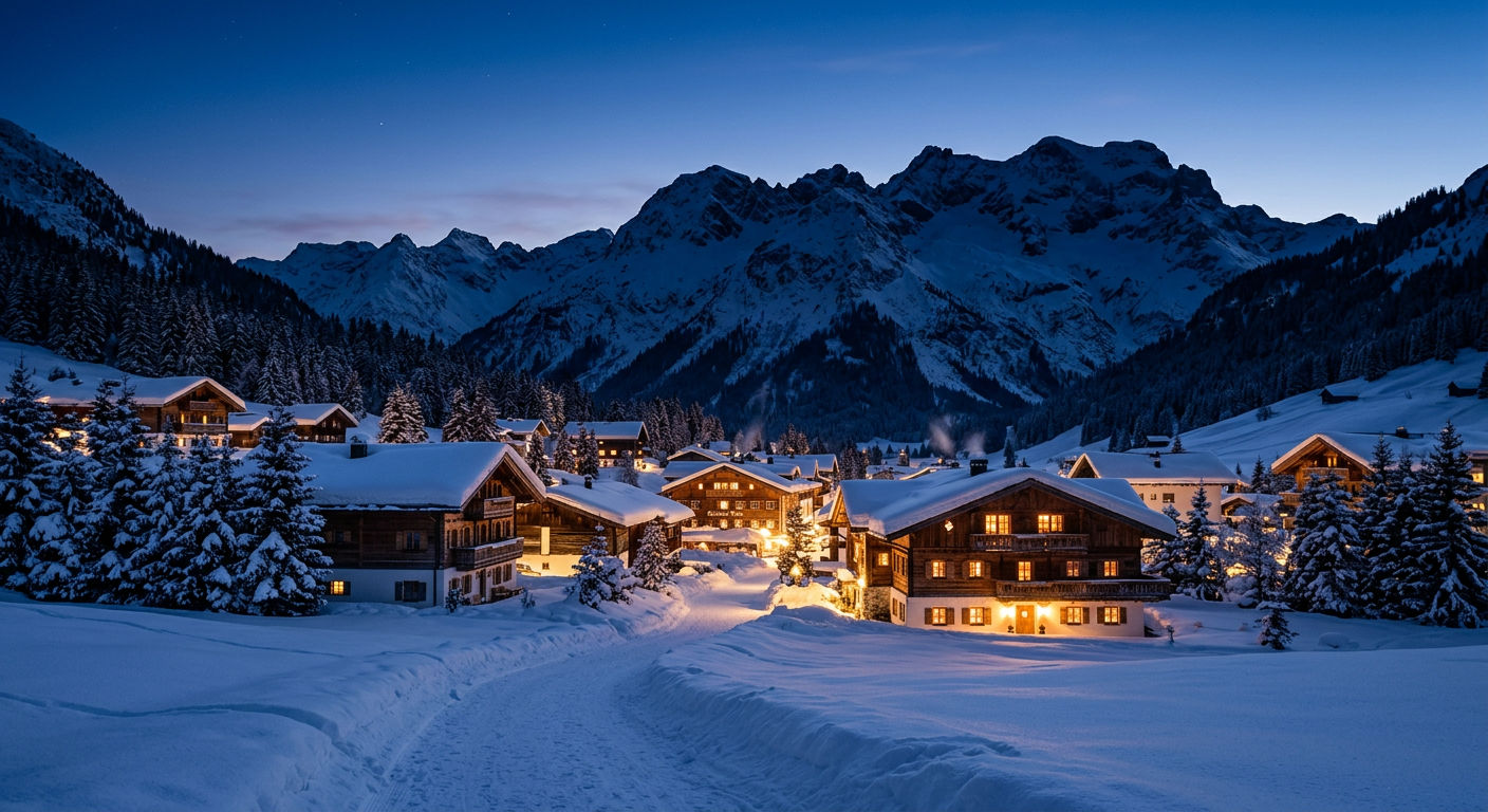 Snow-covered alpine village at dusk with warm chalet lights glowing against a twilight mountain backdrop