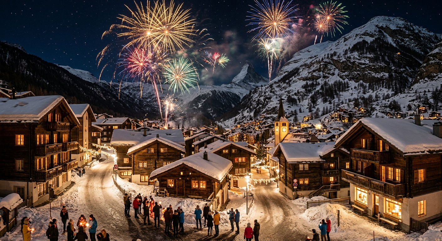 A snow-covered alpine village at midnight with fireworks illuminating the mountain sky above chalet rooftops