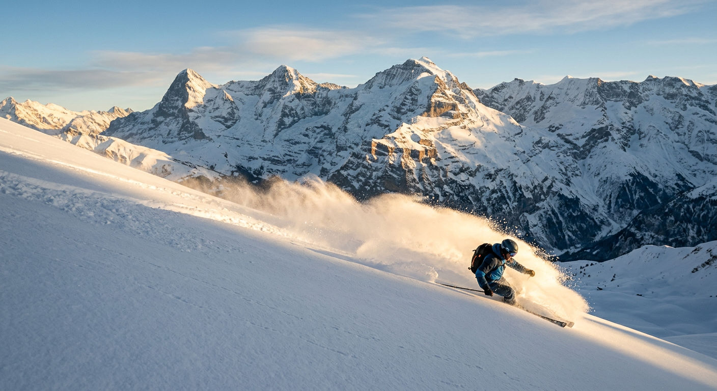 A lone skier carving fresh tracks through deep powder on an unmarked Alpine slope